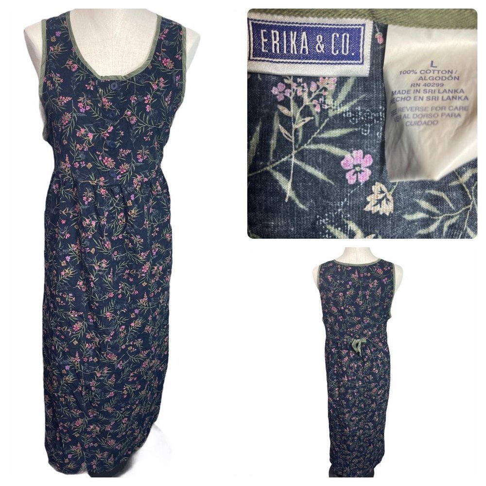 Vintage 90s Black Floral Long Shift Dress L